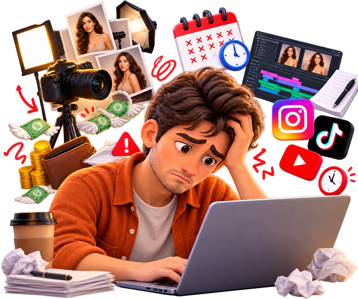 Overwhelmed content creator without AI Influencer Pro