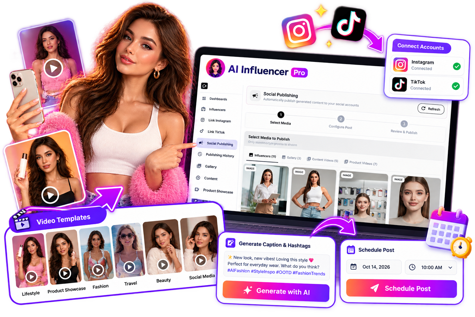 AI Influencer Pro social publishing dashboard